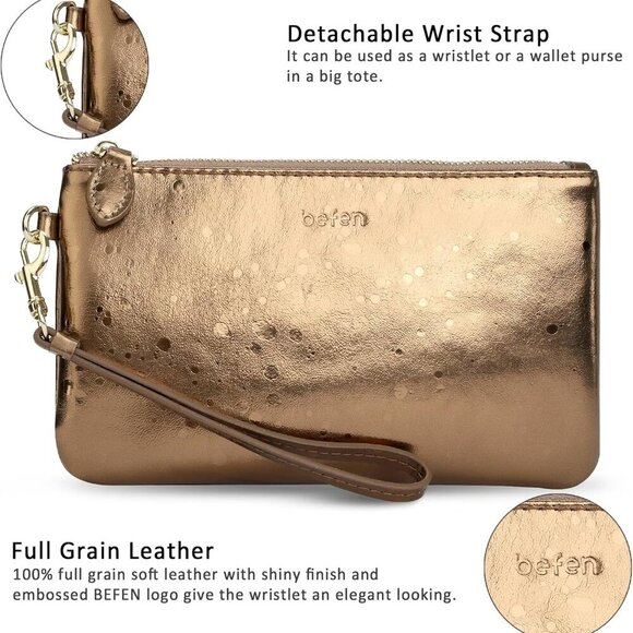 Women's Genuine Italian Leather Wristlet Clutch Wallet Purse, Gold Zipper - Picture 3 of 5